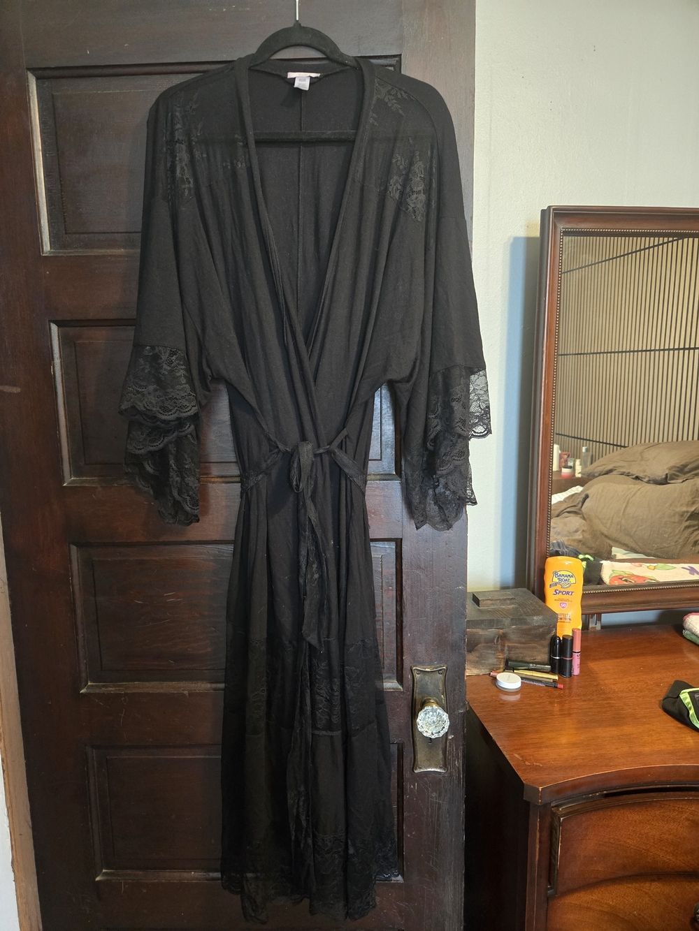 Eberjey Black Lace-Trim Long Robe